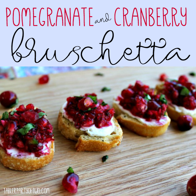 Pinterest image of pomegranate cranberry bruschetta holiday appetizer.